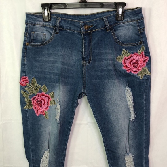 JJWomens High Waist Embroidered Rose Destroyed Denim Skinny Jeans Pocket Size XL - Picture 4 of 7